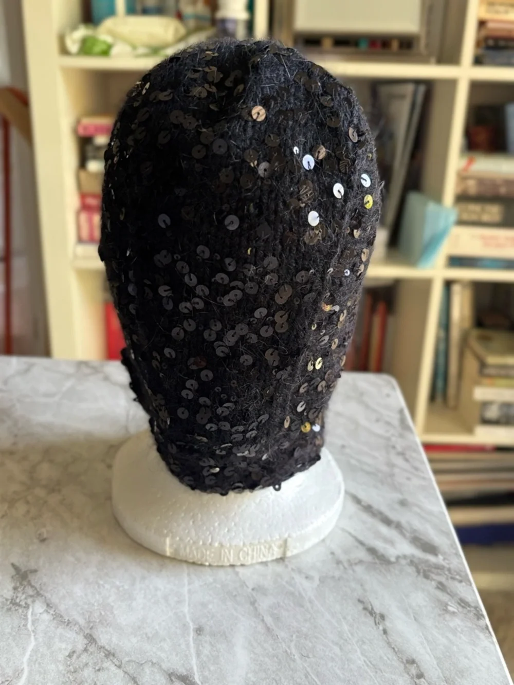 NWOT LE PETIT AGNEAU Black Sequin Hat with Chin Strap- Cashmere & angora. S/M